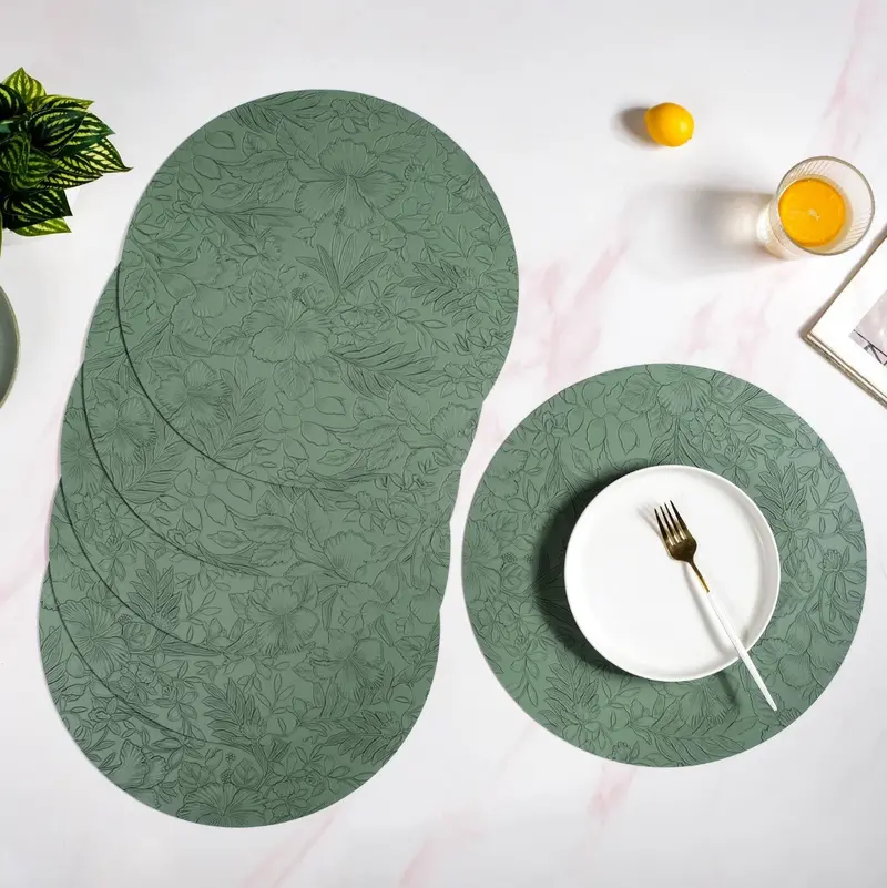 Hibiscus-Embossed Green Round Placemats (6-Pack) 1