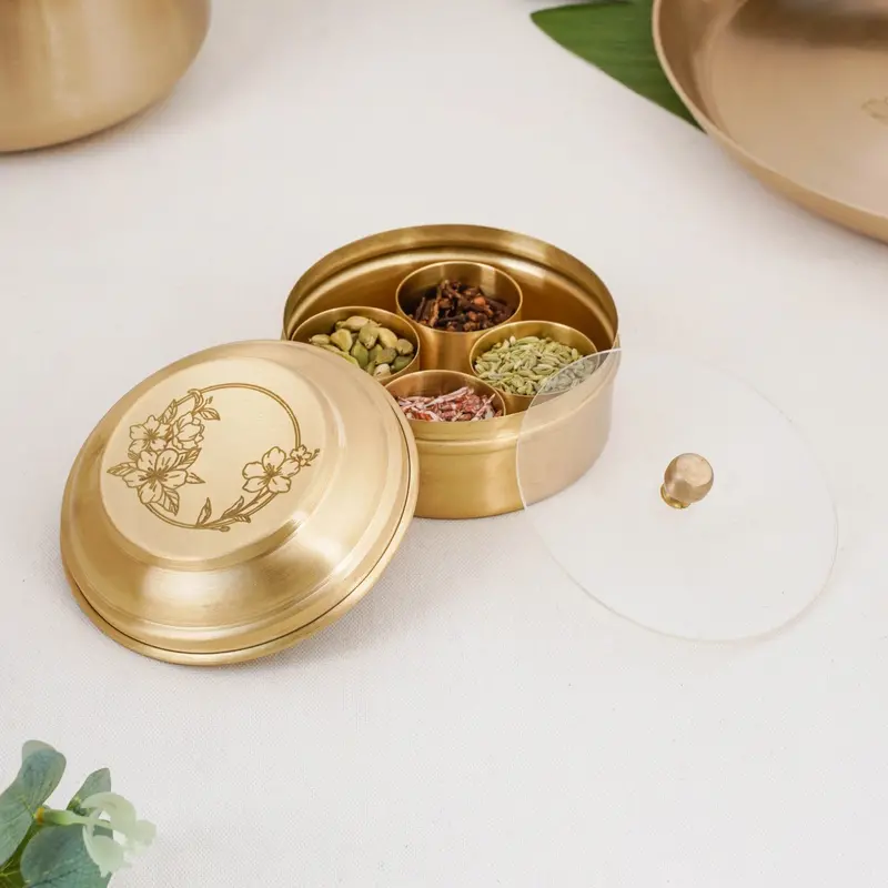 Hibiscus-Inspired Brass Mukhwas Box – Ornate Traditional Storage With Secure Closure 1