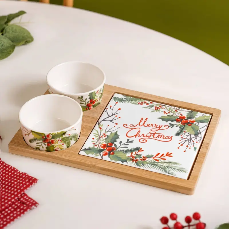 Holly & Berry Ceramic Bowl And Platter Collection (4-Piece) 1