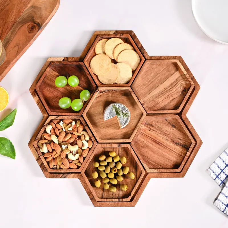 Honeycomb-Grain Acacia Wood Party Platter Set – 8-Piece, 38X38Cm 1