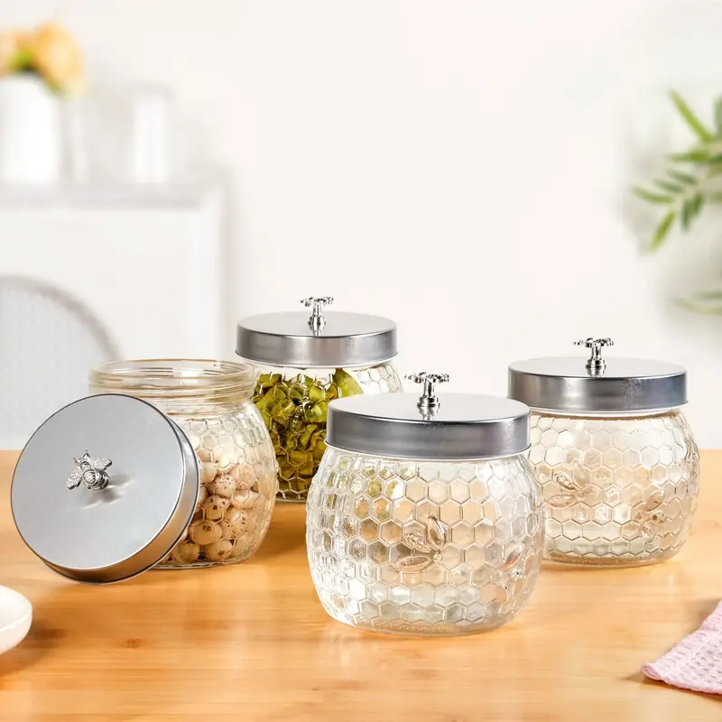 Honeycomb-Themed Glass Jars With Bee-Knob Lids – Set Of 4, 900Ml 1