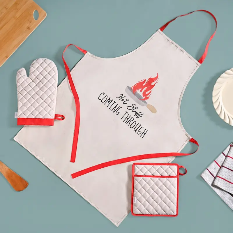 Hot Stuff Heat-Safe Kitchen Trio – Apron, Oven Mitts & Pot Holder (3-Piece) 1