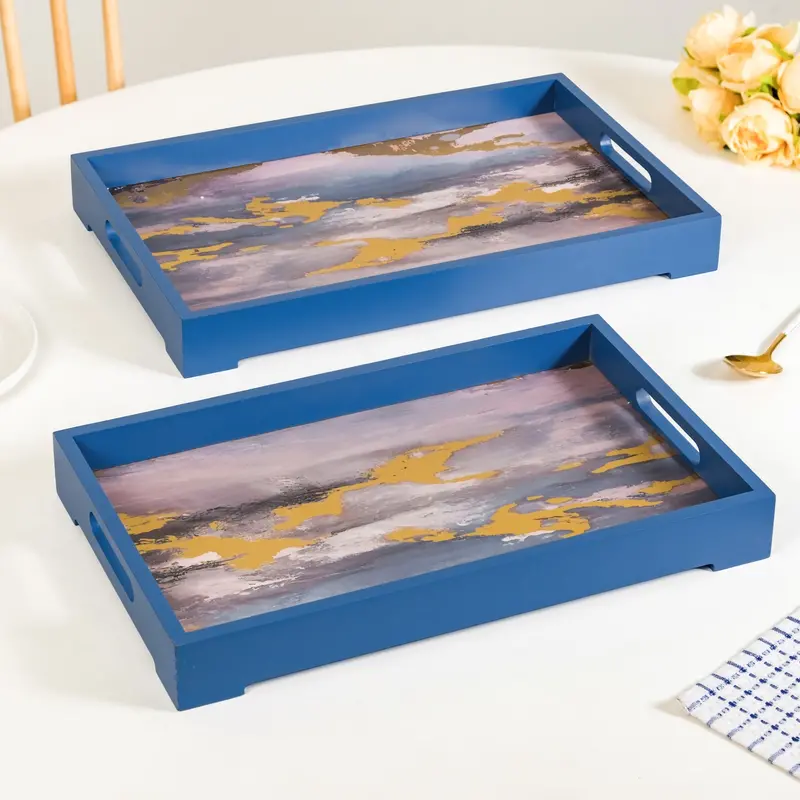 Impressionism Sky Art Tray Set – 2 Calming Blue Trays With Matte Gold Trim 1