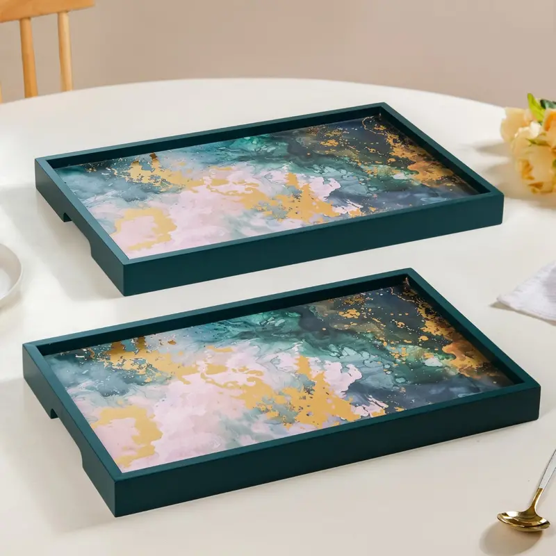 Impressionism Sky Art Tray Set – 2 Teal Trays With Matte Gold Accents 1