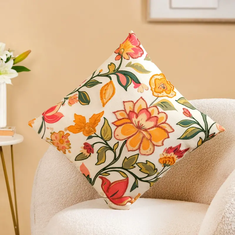 Indie-Style Floral Embroidered Cushion Cover – 40×40Cm Cotton 1
