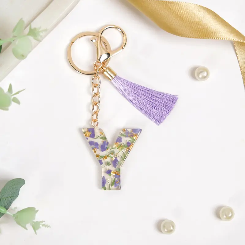Infinite Charm Pressed Flower Keychain With Y Initial Design 1