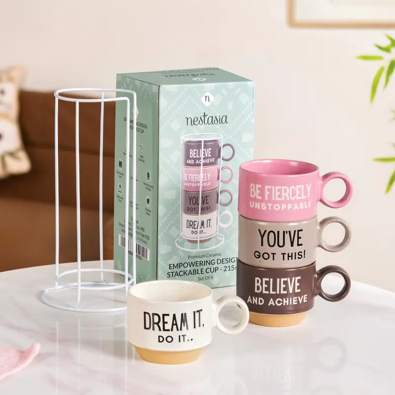 Inspirational Quote-Emblazoned Stackable Tea Cups (4 Pcs, 215Ml) 1