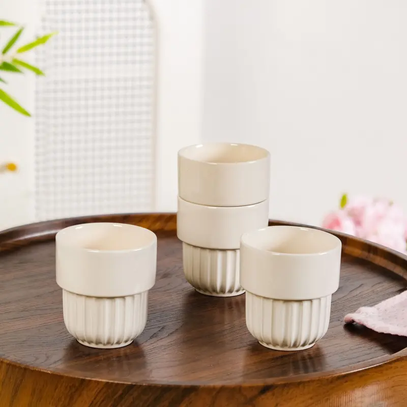 Ivory Cream Stackable Ceramic Cups (4 Pcs, 280Ml Each) 1