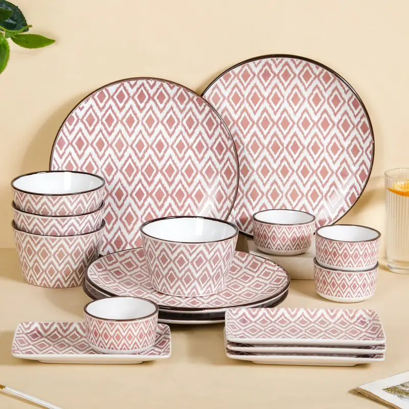 Kaleido Rose Pink 16-Piece Ceramic Dinner Set For Four 1