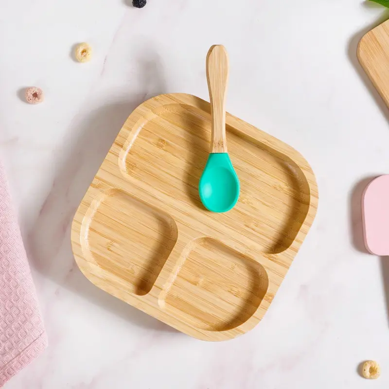 Kids' Wooden Plate With Silicone Suction Base And Spoon Set 1