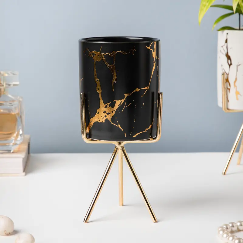 Large Black Auric Marble-Effect Planter With Stand 1