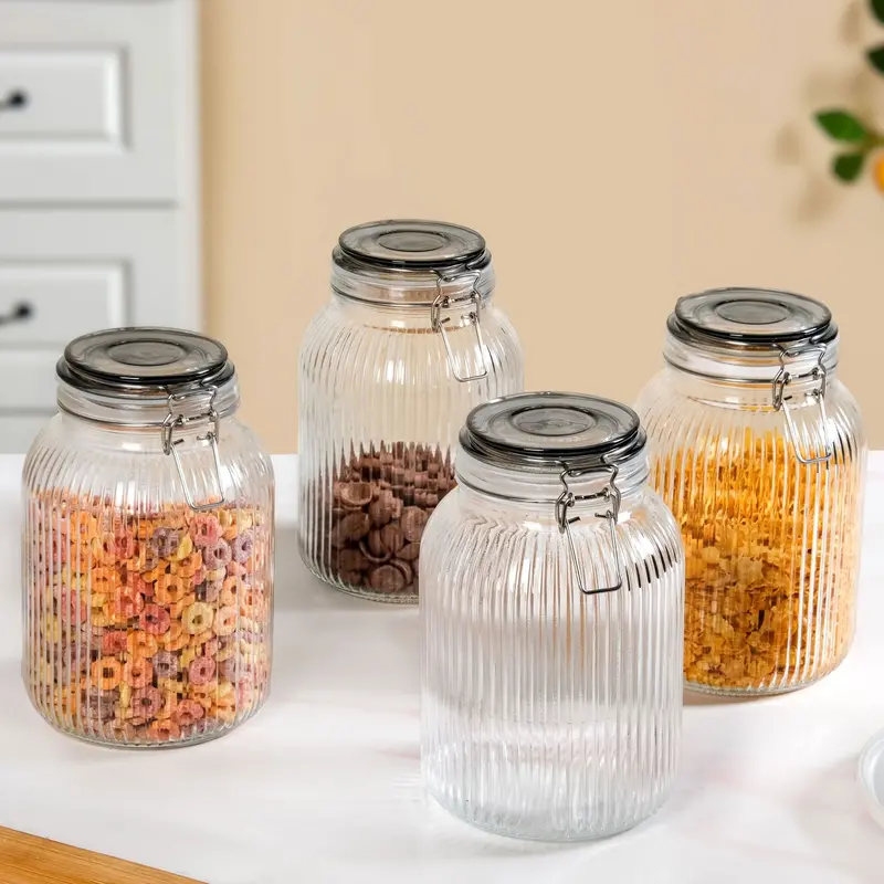 Large Ribbed Glass Jars With Secure Cliplock Lids – Set Of 4, 2L Volume 1