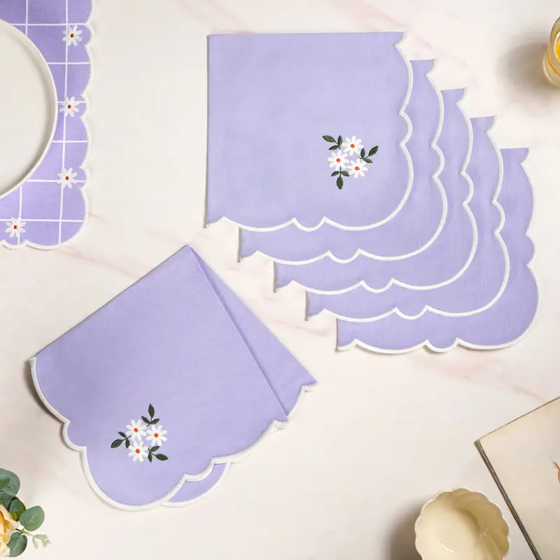 Lavender Embroidered Table Napkins – Six-Piece Cotton Linen Set 1