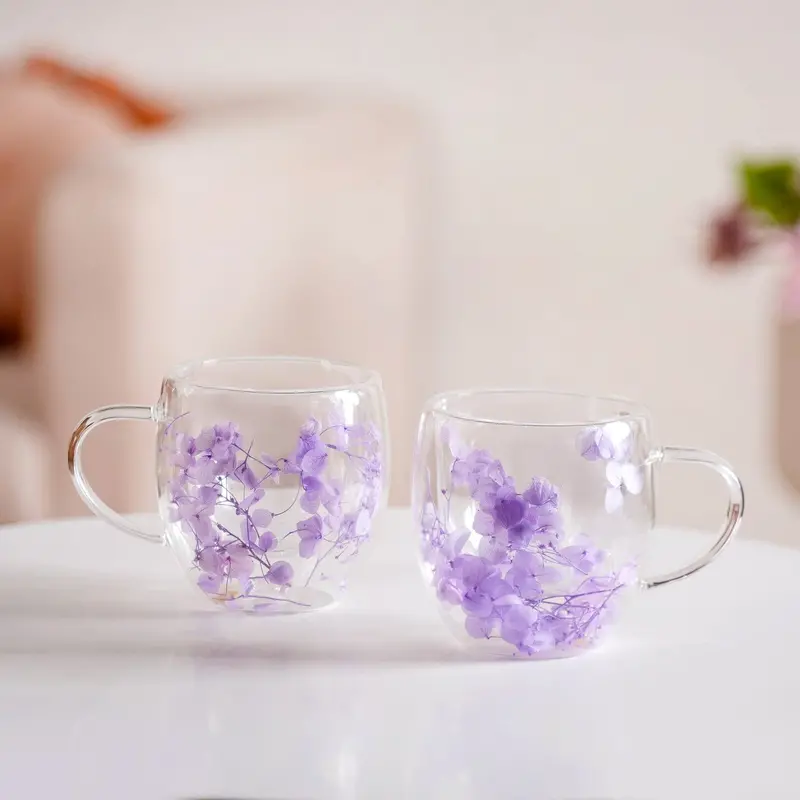 Lavender Flower-Embedded Double-Walled Coffee Mug Set – 2 X 250Ml 1