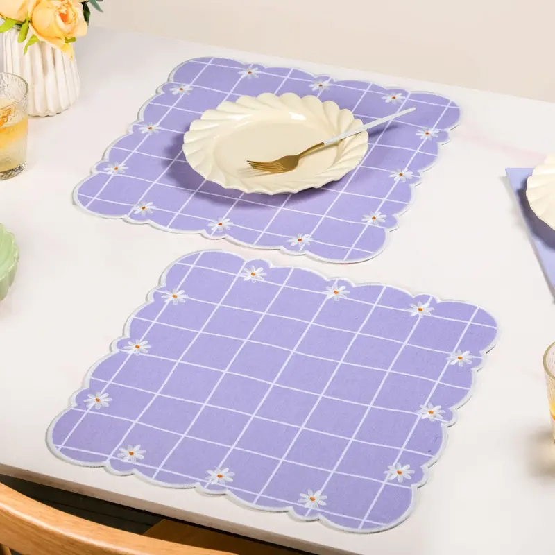 Lavender Lattice Scallop Table Mats – Six-Piece Embroidered Cotton 1