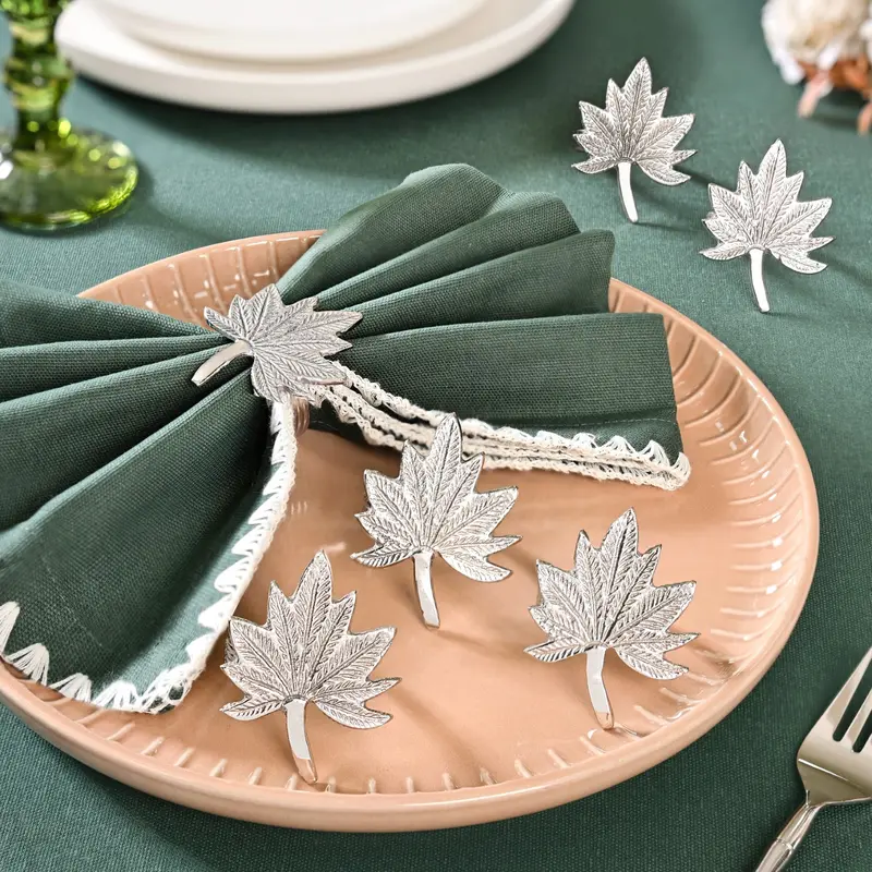 Leaf-Inspired Pure Brass Napkin Rings – Nature-Themed Silver Set Of Six 1