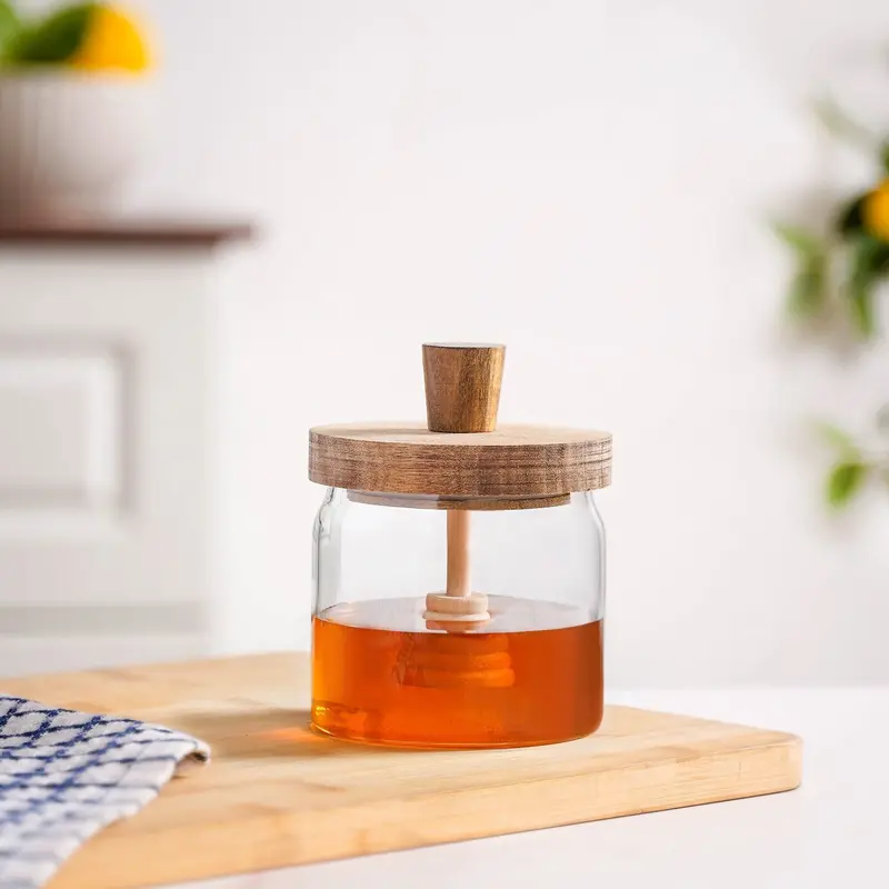 Leakproof Wooden-Lid Honey Jar With Dipper – 350Ml Natural Design 1