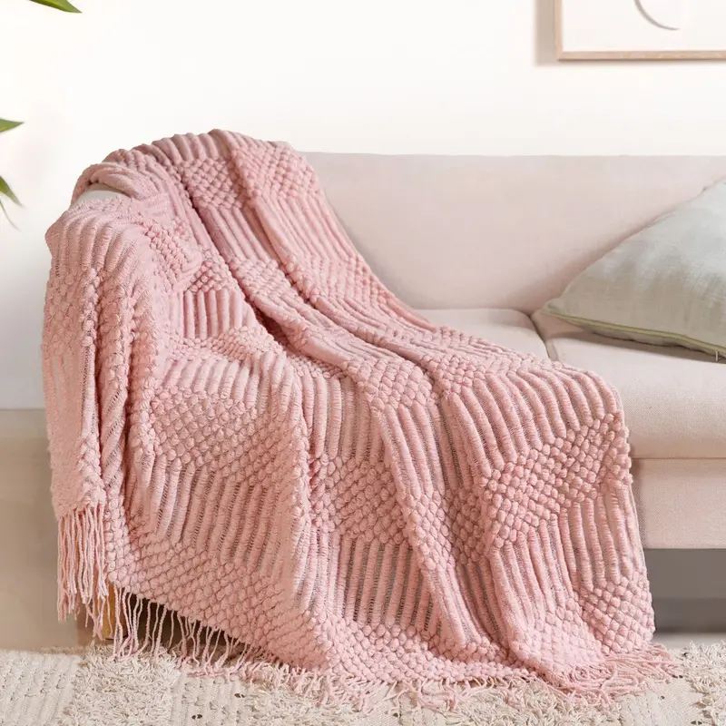 Light Pink Textured Knit Accent Throw 1