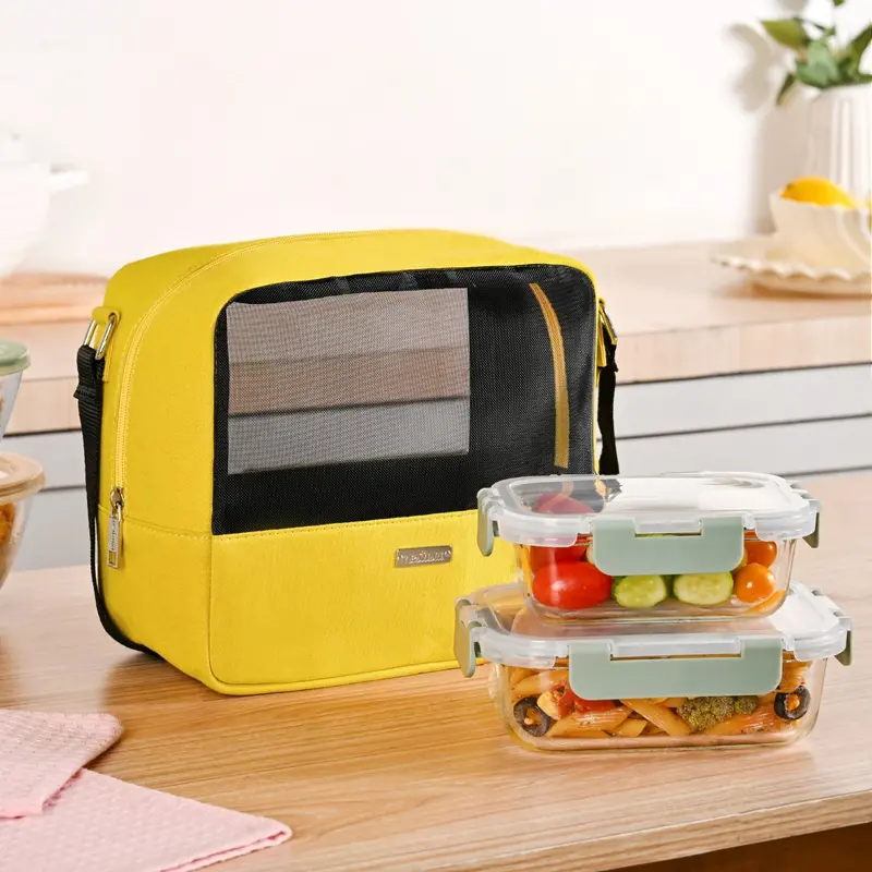 Lightweight Yellow Mesh Insulated Lunch Bag – Portable On-The-Go Design 1