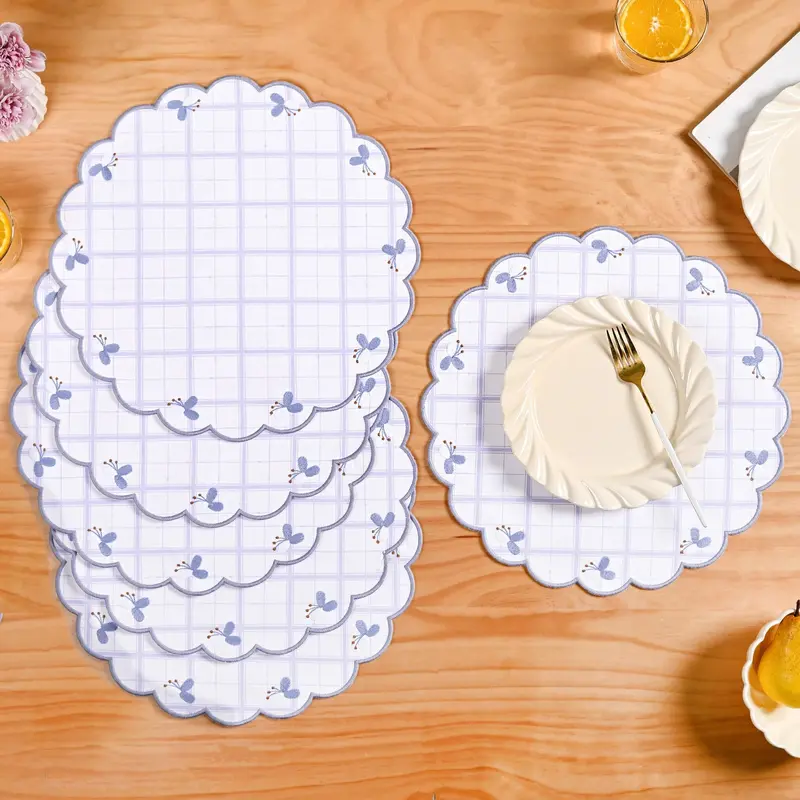 Lilac Periwinkle Embroidered Table Mat Set – Six-Piece Cotton Design 1