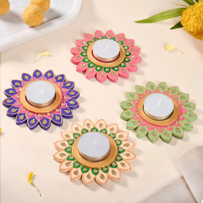 Lippan Art Tealight Holders With Mirrorwork Floral Design (Set Of 4) 1