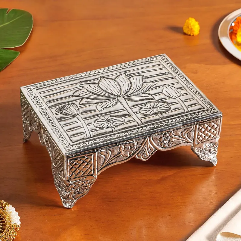 Lotus-Inspired Brass Puja Chowki With Silver-Polished Surface – 20 × 15 Cm 1