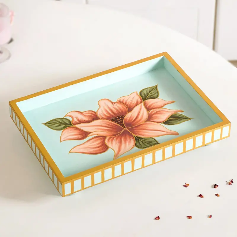 Lotus Royale Rectangular Mango Wood Serving Tray With Hand-Painted Details 1