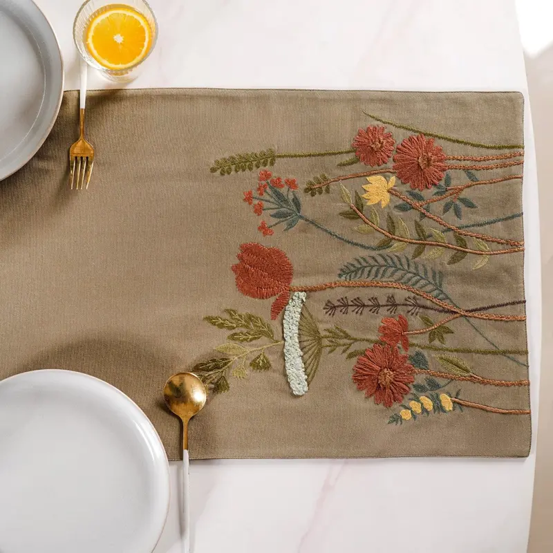 Lush Floral Embroidery Dining Table Runner – Cotton Linen Blend 1