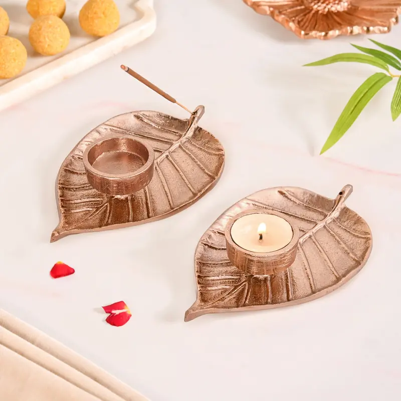 Luxury Metal Leaf Tealight And Incense Stick Holder Set – Festive Presentation 1