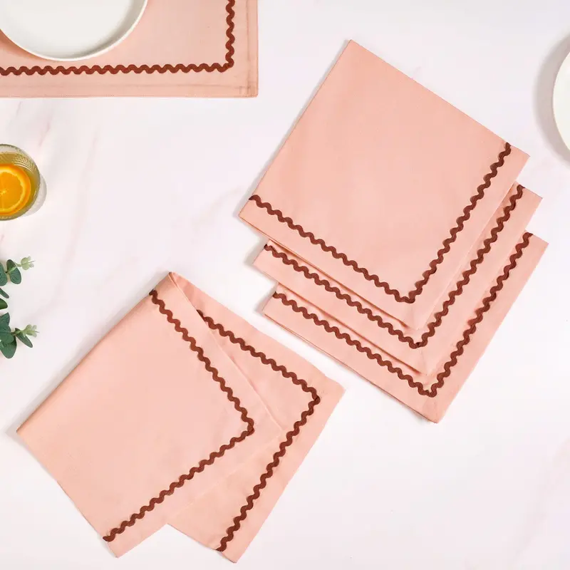 Madeline Peach Napkin Set – 4-Piece Cotton Linen With Rick Rack Trim 1