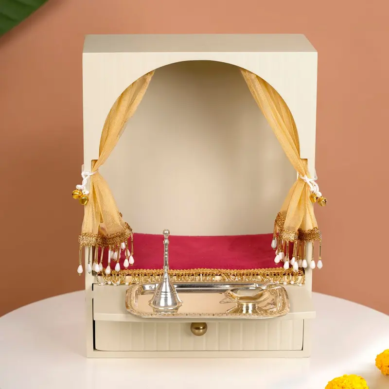 Mahima Compact Freestanding Puja Mandir With Aasan, Thali & Decorative Curtain 1