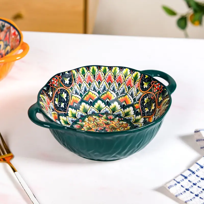 Mandala Melange Green Serving Bowl – 1500Ml Ceramic Design 1