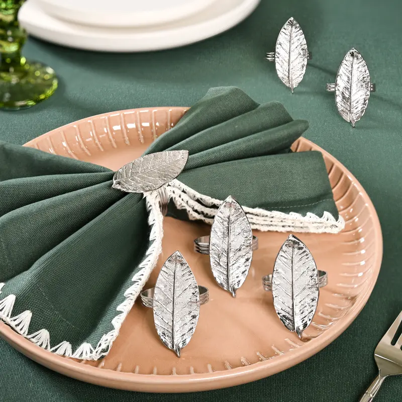 Mango Leaf Brass Napkin Rings – Set Of 6, Silver-Tone 1