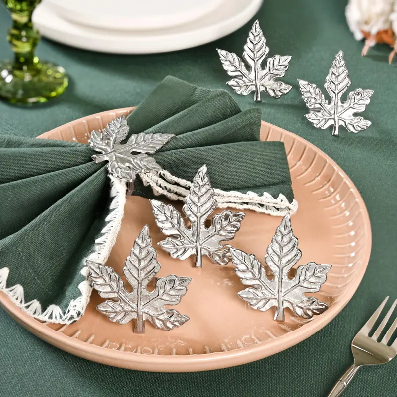 Maple Leaf Brass Napkin Rings – Set Of 6, Unlacquered Brass 1