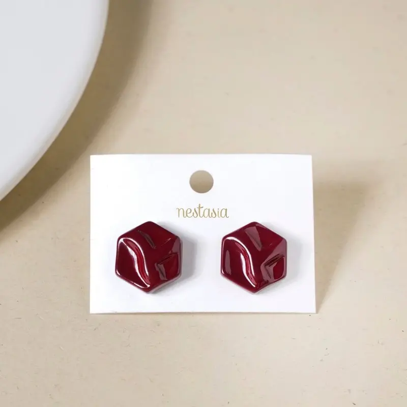 Maroon Hexagonal Stud Earrings 1
