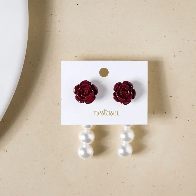 Maroon Rose Bloom And Pearl Danglers 1