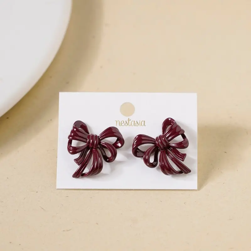 Maroon Velvet Bow Drop Earrings 1