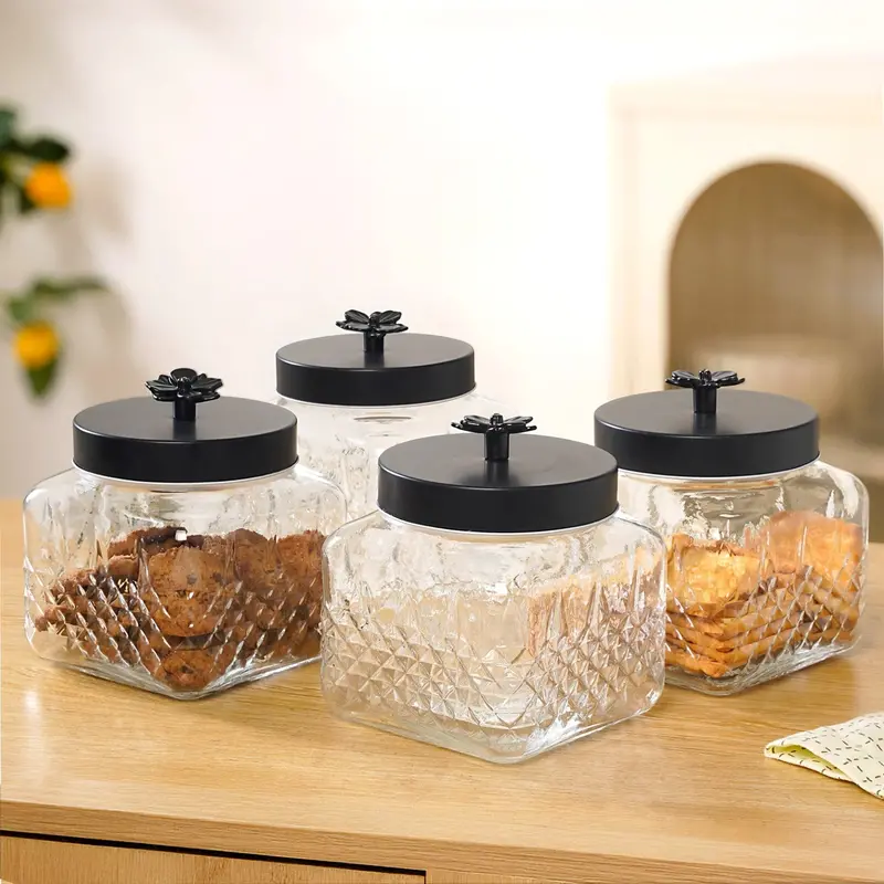 Matte Black Embossed Jars With Floral Knobs – Set Of 4 (1300Ml Each) 1