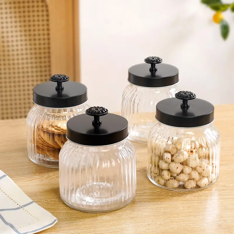 Matte Black Fluted Glass Jars With Floral Knob Lids – Set Of 4, 700Ml 1