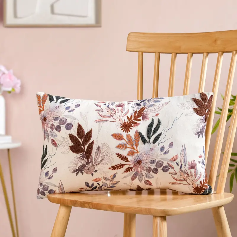 Meadow-Inspired Floral Embroidered Cotton Pillow Cover – 50X30Cm 1