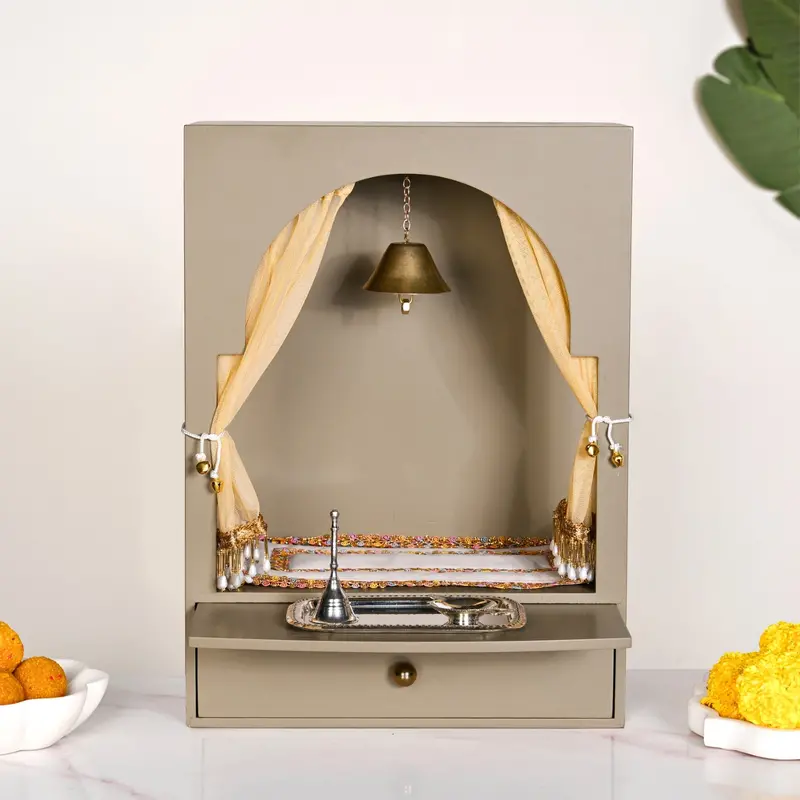 Medium Wall-Mountable Mandir With Bell, Diya, Ghanti, Aasan & Puja Thali 1