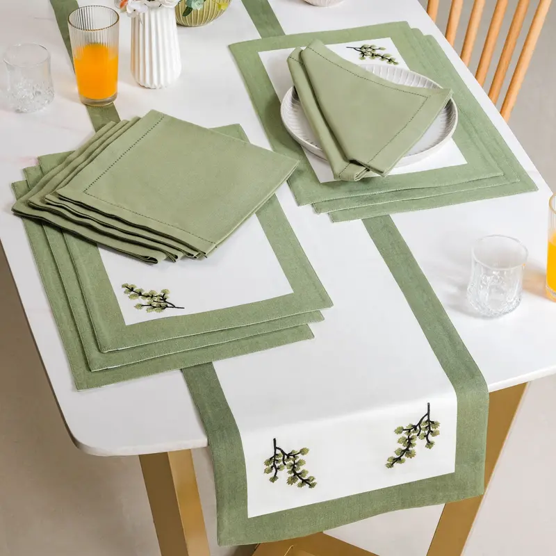 Midori Sage Green 13-Piece Table Linen Set: Runner, Placemats & Napkins 1