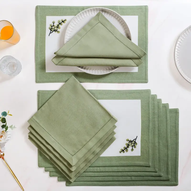Midori Sage Green Cotton Placemat And Napkin Set (12-Piece) 1