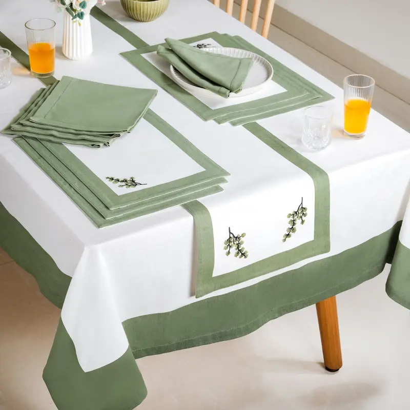 Midori Sage Green Full Table Linen Collection: Cloth, Runner, Placemats & Napkins 1