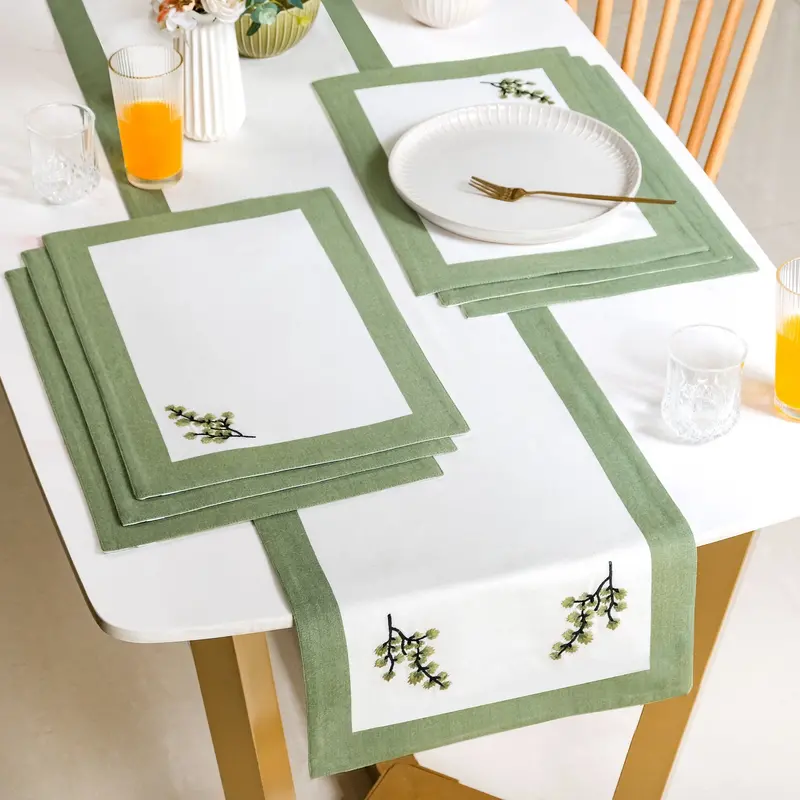 Midori Sage Green Pure Cotton Runner And Placemat Set (7-Piece) 1