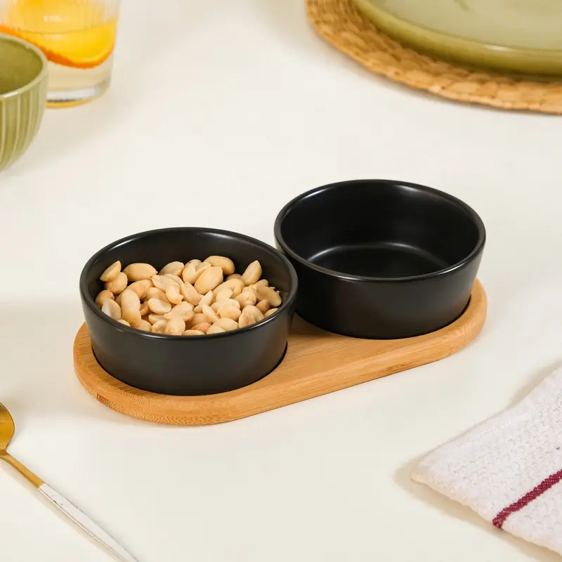 Minimalist Black Snack Bowls (2-Piece) With Matching Serving Tray – 200Ml Each 1