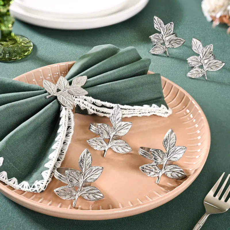 Minimalist Leaf-Design Brass Napkin Rings – Set Of 6, Silver-Finished 1