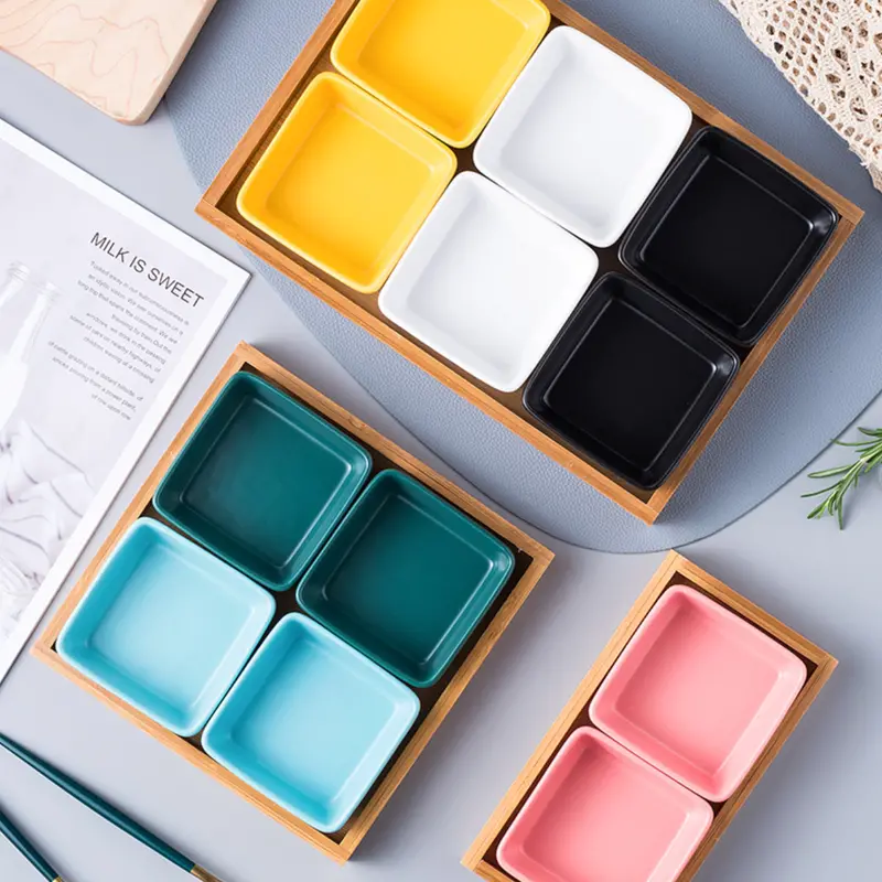 Minimalist Square Bowls Paired With Natural Wooden Trays 2