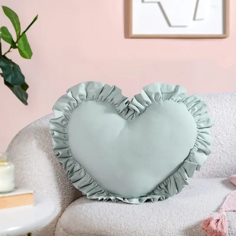 Mint Green Frilled Heart Cotton Pillow – 43X38 Cm Handcrafted Decor Cushion 1