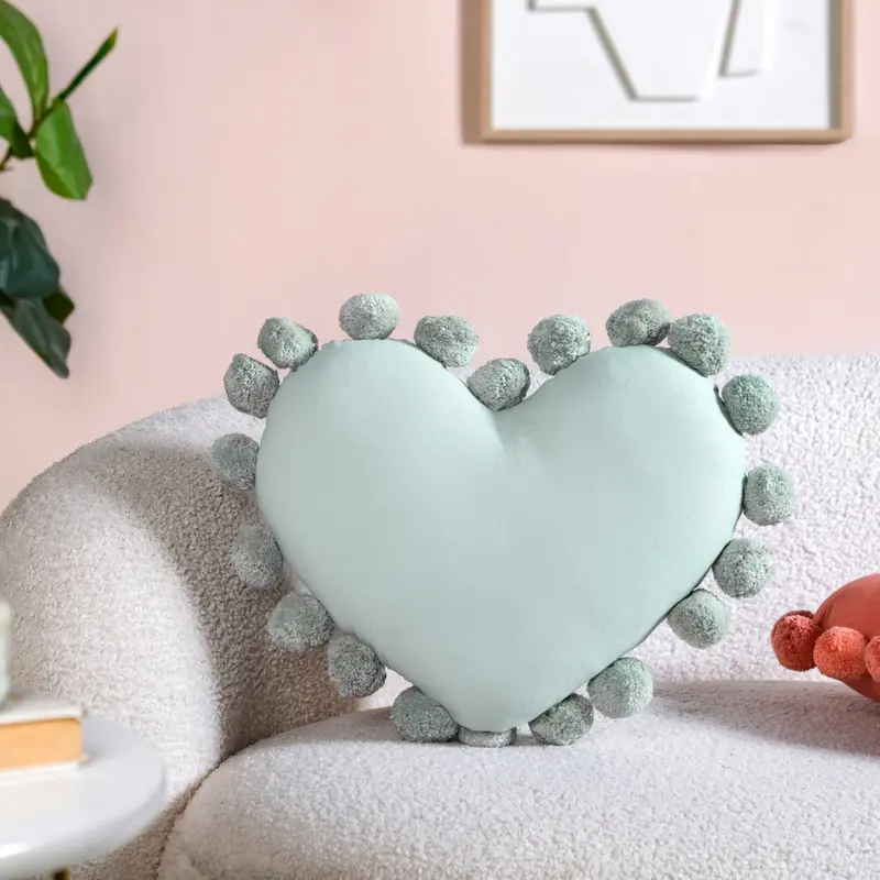 Mint Green Pom-Pom Heart Accent Pillow – 40X35 Cm Soft Sofa Cushion 1